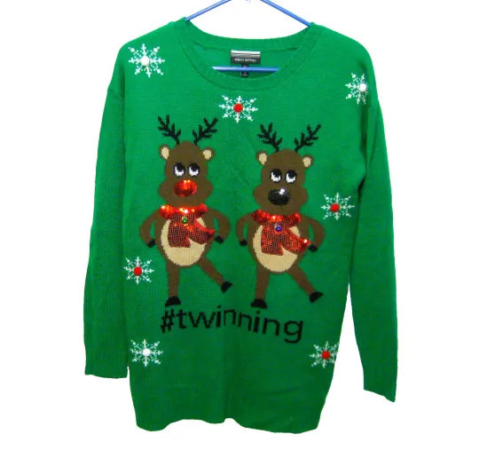 Ugly Christmas Sweater Women's (Size Medium) Green Knit Holiday Reindeer Top