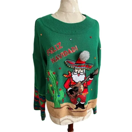 Holiday Time Feliz Navidad Santa Ugly Christmas Sweater Medium
