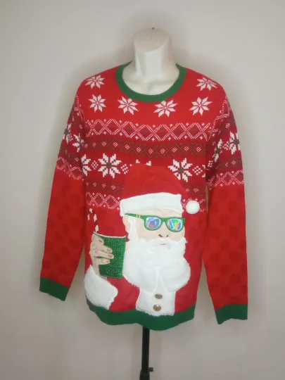 Ugly Christmas Sweater Santa Dude Beer Me Santa Argyle  Sunglasses Unisex Size M