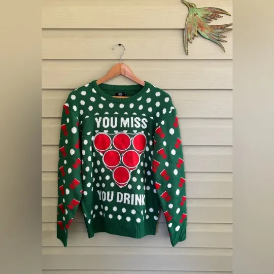 Discover UGLY STUFF Christmas sweater You Miss You Drink Beer Pong holiday party sz M EUC
