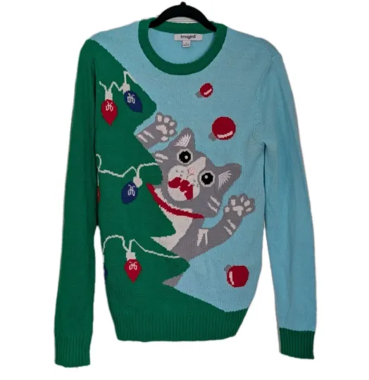 Imagin8 Ugly Christmas Sweater Women's Size Small Blue & Green Crazy Cat Design