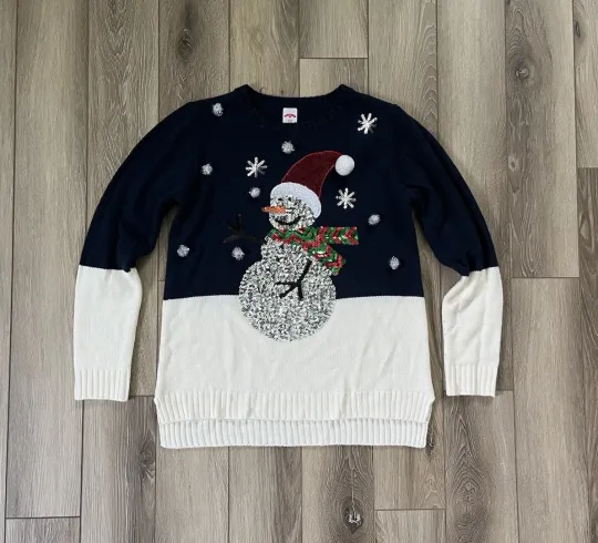 Discover Holiday Time Women Sweater Ugly Christmas Sequined Snowman Popover Sweater S 4-6