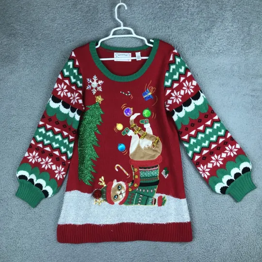 Merry & Bright Sweater Womens Large Red Green Christmas Cat Ugly Holiday Party