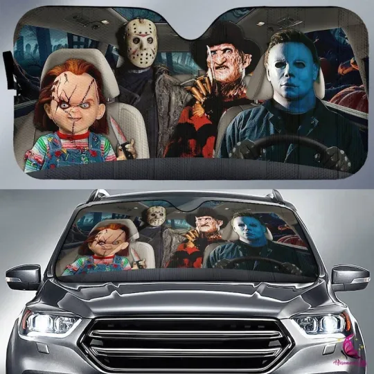 Discover Horror Movie Characters Car Sunshade, Horror Halloween Car Sunshade, Scary Movie