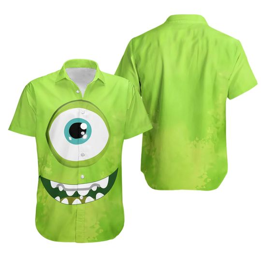 Mike Wazowski Monsters Inc Hawaiian Shirt Short, Mike Wazowski Cosplay Button Shirt, Disney Character Vacation Shirt for Men