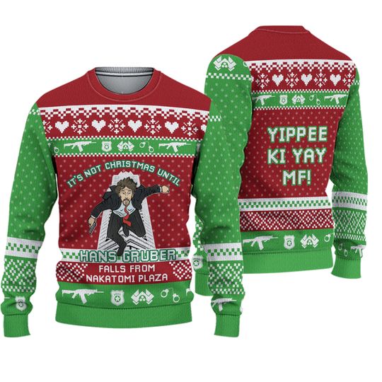 Die Hard Hans Gruber Ugly Christmas Sweater, It's Not Christmas Until Hans Gruber Falls From Nakatomi Plaza, Christmas Movie Sweater