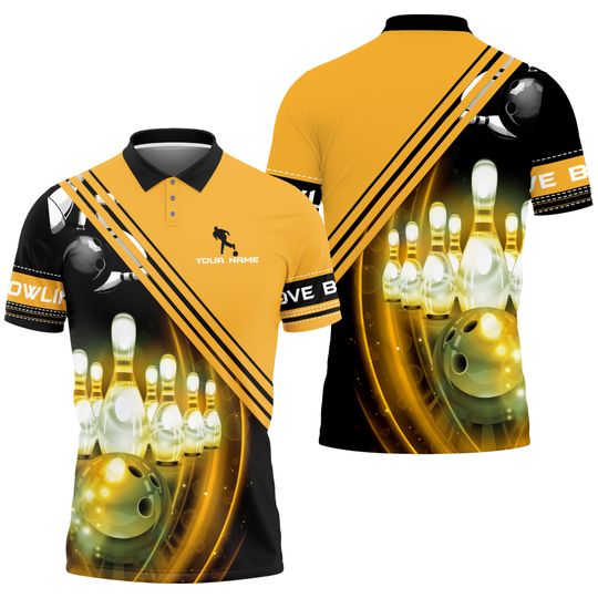 Yellow Bowling Ball In Motion And The Pins Personalized Name 3D Polo Shirt, Gift