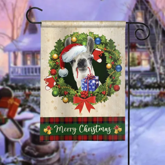 Llama Merry Christmas Flag, Llama Christmas Wreath Flag, Llama Xmas Flag