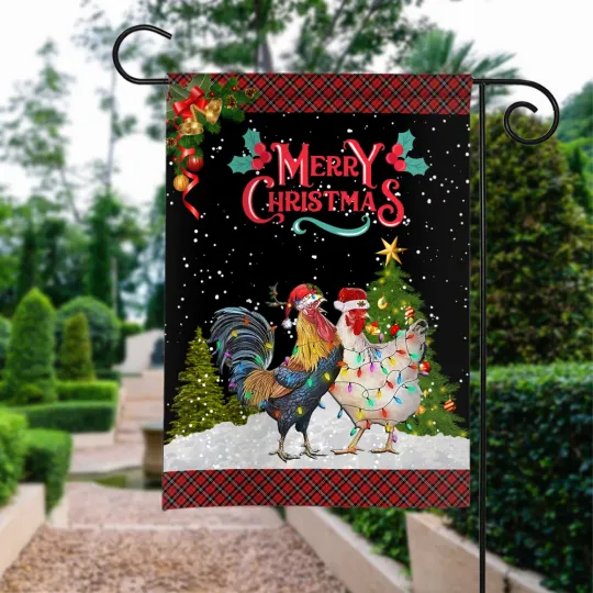 Chicken Merry Christmas Flag, Chicken Christmas Lights Flag, Chicken Xmas Flag