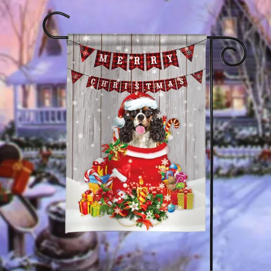 Cavalier King Charles Spaniel Dog Merry Christmas Flag, Cavalier Dog Xmas Flag