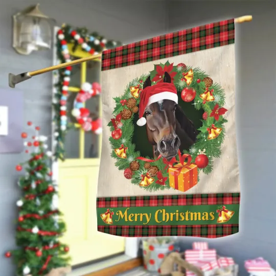 Horse  Merry Christmas Flag, Love Horse Christmas Wreath Horse Xmas Flag