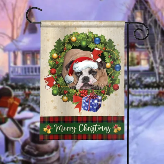 Discover English Bulldog Merry Christmas Flag, English Bulldog Christmas Wreath Xmas Flag