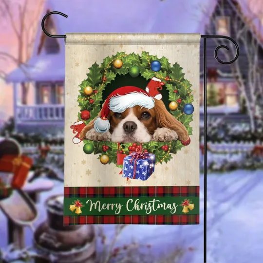 Cavalier King Charles Spaniel Dog Merry Christmas Flag, Cavalier Dog Xmas Flag