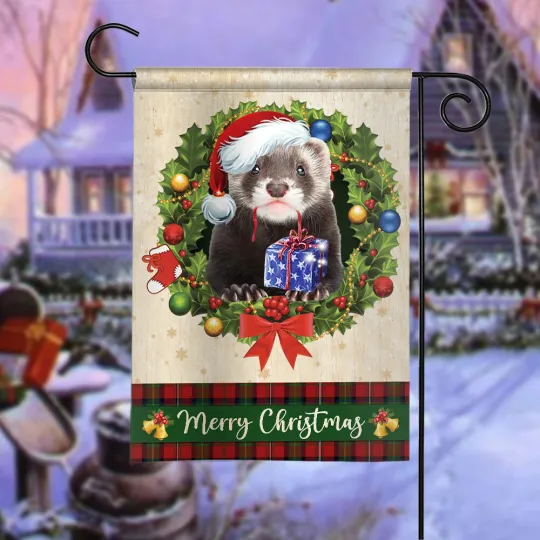 Ferret Merry Christmas Flag, Ferret Christmas Wreath Flag, Ferret Xmas Flag
