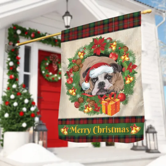 English Bulldog Merry Christmas Flag, Love Dog Christmas Wreath dog Xmas Flag