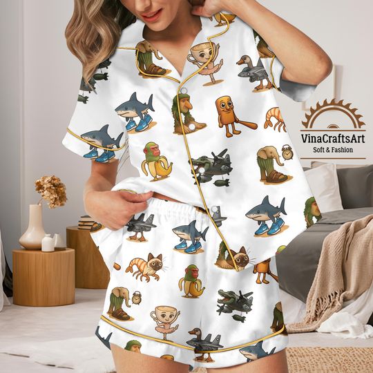 Discover Brainrot Meme Pajamas Set, Funny Cartoon Sleepwear, Viral Meme PJs for Men Women, Long Sleeve Satin Pajamas, Unique Loungewear Gift