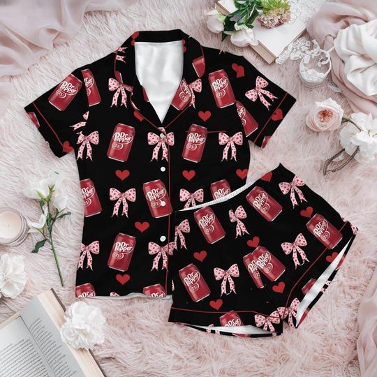 Discover Dr Pepper Satin Pajama Set, Soda Lover Sleepwear, Coquette Diet Pepper PJs, Cute Loungewear Gift