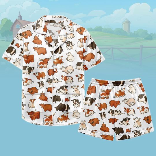 Chibi Cow Satin PJs Set, Cute Cartoon Cow Short PJs Set, Short Sleeve Pajama, Shorts Pajama, Cute Matching PJs Set, Cute Sleepwear Gift