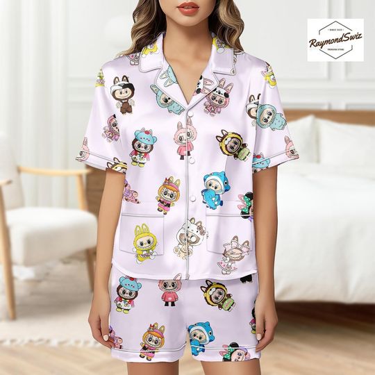 Labubu Monster Pajama Set, Matching Button PJs, Short Sleeve PJs, Labubu Merch, Cute Shorts