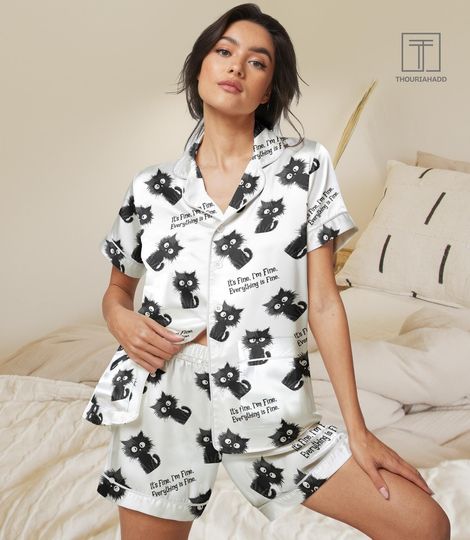Discover Funny Black Cart Short Satin Pajamas, It's Fine I'm Fine Everything Is Fine Pajamas, Funny Cat Bride Pajamas, Pet Lover Silk Pajamas