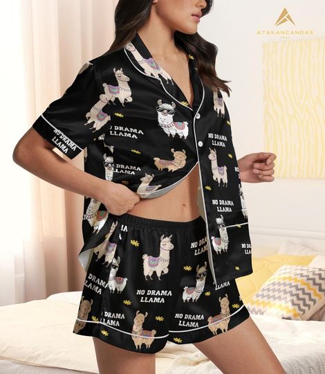 Discover No Drama Llama Short Satin Pajamas, Funny Llama Bridesmaid Pajamas, Llama Lover Matching Pajamas, Animal Lover Pajamas Shorts