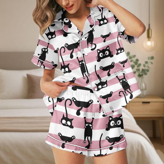 Discover Black Cat Short Satin Pajamas, Funny Black Cat Silk Pajamas For Women, Pet Lover Bridal Party Pajamas, Cat Lover Pajamas Shorts