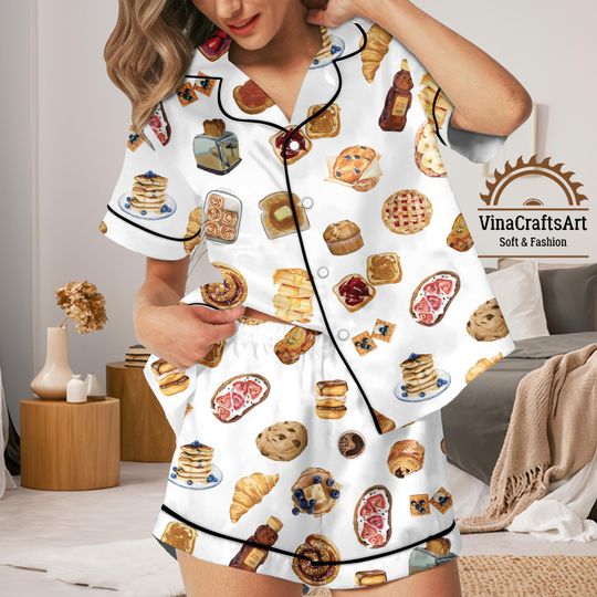 Discover Bakery Pajamas Set  Cute Breakfast Food Print Sleepwear for Women, Cozy Short Sleeve Button Down Lounge Set, Baking Lover Pajamas