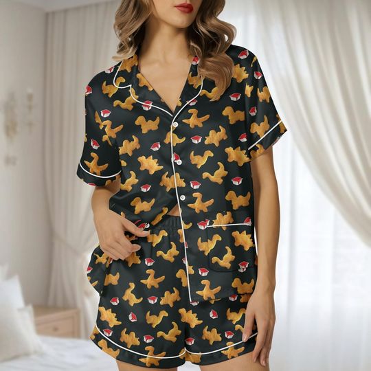 Discover Dino Nuggets Satin Pajamas Short Set, Funny Chicken Nugget Sleepwear, Cute Food Lover Lounge Set, Satin Summer Pjs, Gift For Her