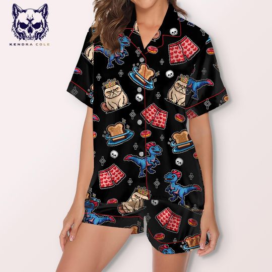 Dungeon Crawler Pajamas for Women  Funny Pixel Art Sleep Set with Cats, Dinosaurs & Toast  Geeky Gamer PJs for Cozy Nights or Gifting