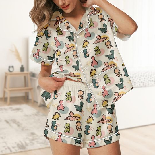 Discover Cute Dinosaur Short Satin Pajamas, Cartoon Dino Short Sleeve Pajamas For Her, Funny Jurassic Bridesmaid Pajamas, Soft Summer Pajamas