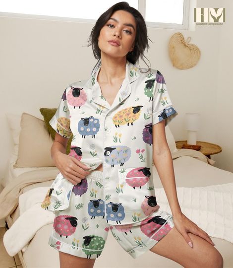 Cute Sheep Short Satin Pajamas, Funny Sheep Silk Pajamas For Women, Farm Animal Bridesmaid Pajamas, Animal Lover Short Sleeve Pajamas