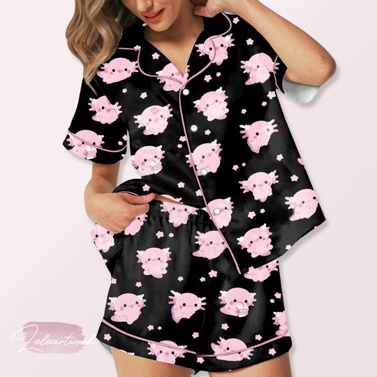 Discover Cute Axolotl Pajama  Black Satin Short Set with Adorable Pink Axolotl Print | Kawaii Sleepwear for Women & Teens