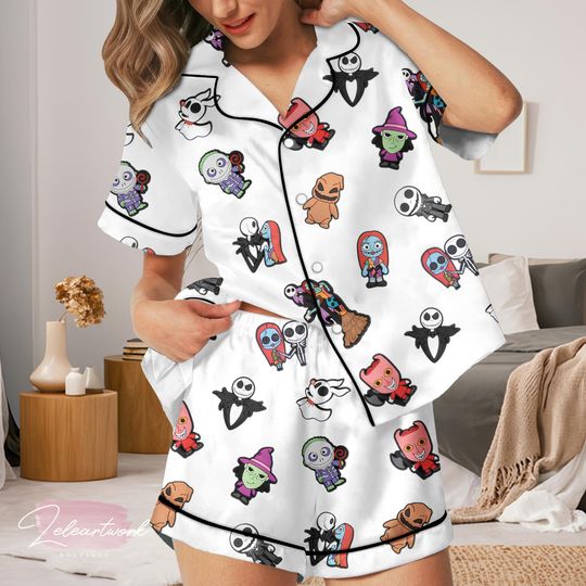 Horror Movie Characters Pajama Set  White Satin Short Sleeve & Shorts with Cute Spooky Cartoon Print | Halloween Sleepwear