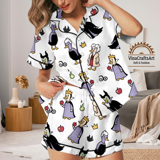 Duck Villains Pajama Set, Funny Satin Cartoon PJs, Womens Short And Long Sleeve Sleepwear, Disney Parody Loungewear Gift for Her