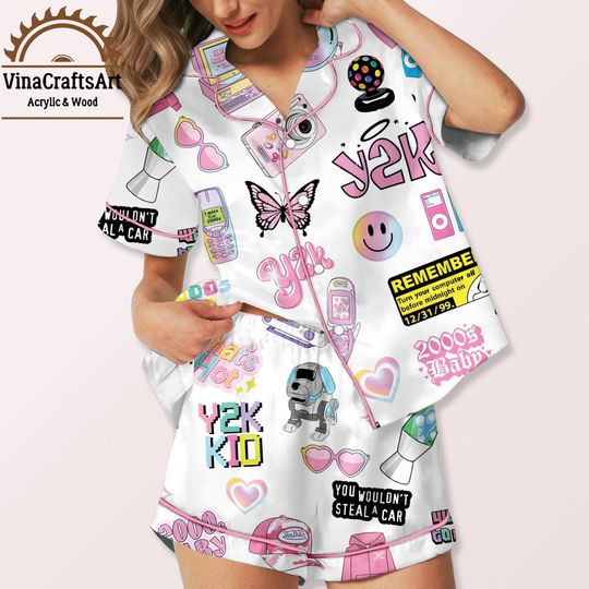 Discover Y2K Pajama Set  2000s Baby Aesthetic Sleepwear, Retro Tech & Butterfly Print PJs, Cute Short Loungewear Gift for Women, Nostalgia Fans