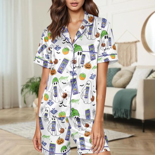 Discover Alani Nu Witch's Brew Energy Drink Halloween Pajamas, Spooky Ghost Alani Short Pajamas, Ghost Energy Drink Horror Sleepwear