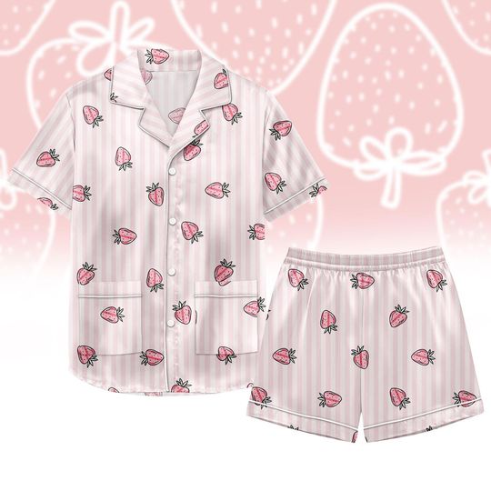 Strawberry Short Satin Pajama, Cute Short Sleeve Sleepwear, Strawberry Festival Summer Pajamas, Kawaii Loungewear Gift, Birthday Gift