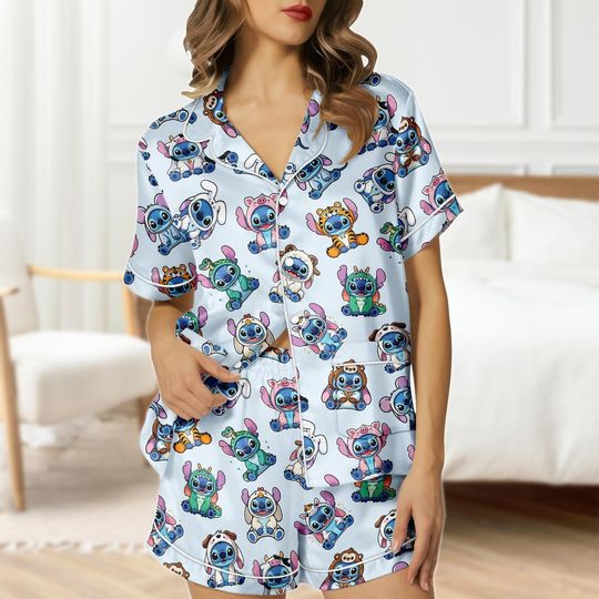 Stitch Short Satin Pajama, Disney Lounge Set, Short Sleeve Button Up PJs, Cute Shorts PJs, Cartoon PJs, Gift For Her