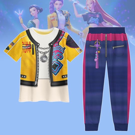 Rumi Kpop Demon Hunters Cosplay T-shirt Pants, Huntrix Rumi Pajamas Set, Halloween Costume, Huntrix Kpop Women Pjs, Anime Gifts