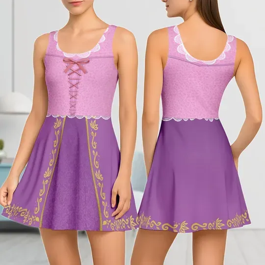 Rapunzel Princess Tangled Skater Dress, Rapunzel Costume Dress, Princess Tangled Women Dress, Halloween Women Dress, Gift For Her