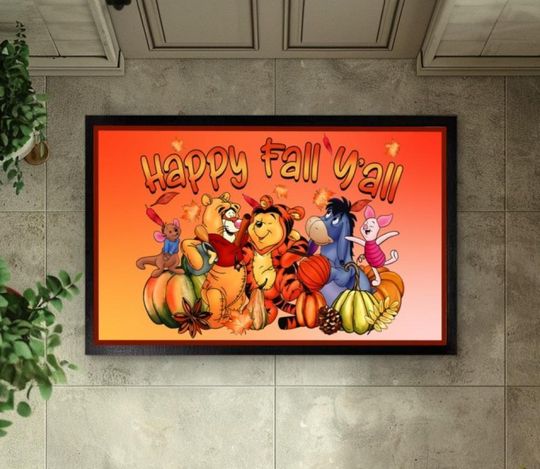 Discover Winnie the Pooh Happy Fall Y'all Doormat, Pooh Bear & Friends Halloween Welcome Mat, Disney Autumn Home Decor, Funny Pumpkin Fall Porch Mat