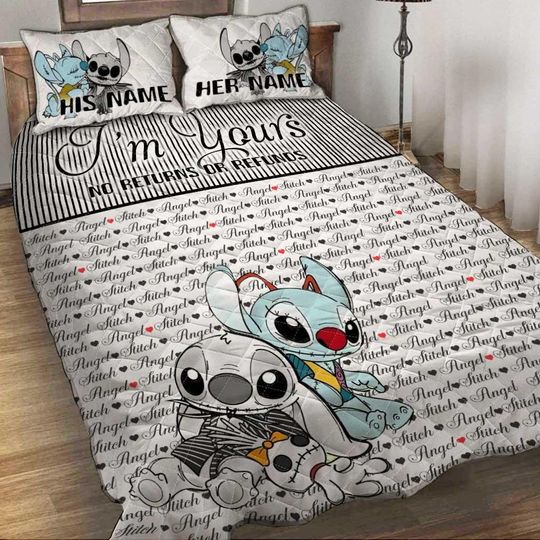 Discover Stitch And Angel Quilt Bed Set, Lilo And Stitch Couple Quilt Set, Cute Anime Bedding Set, His And Her Bed Quilt, Disney Bedroom Decor