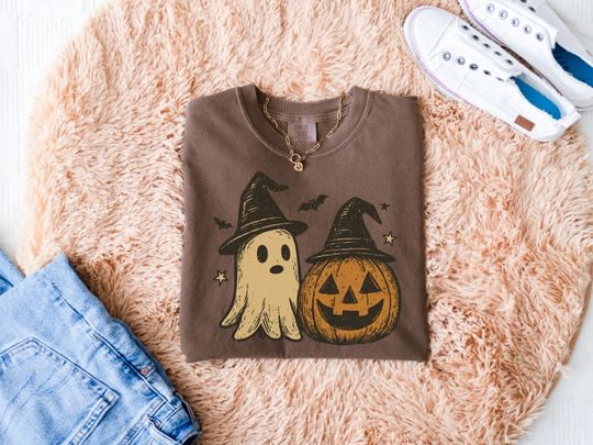 Spooky Ghost Halloween Shirt, Preppy Floral Pumpkin Tee, Spooky Season T-Shirt, Ghost Aesthetic Tee Floral Patchwork Shirt