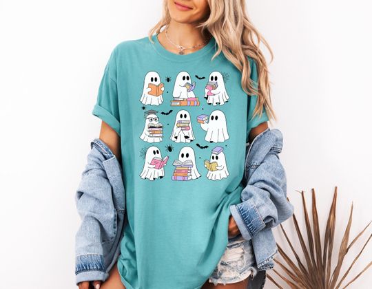 Discover Comfort Colors Ghost Reading Books Shirt, Bookish Halloween Shirt, Teacher Librarian Halloween Gift, Halloween Book Lover, Halloween School