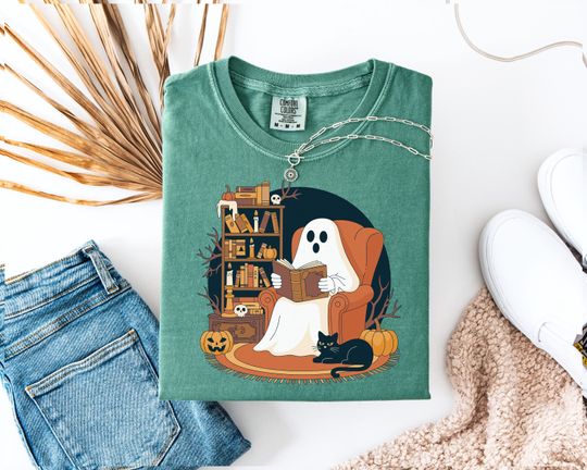Discover Comfort Colors Retro Ghost Reading Books Shirt, Librarian Ghost Halloween Shirt, Halloween Teacher Shirt, Halloween Shirt, Teacher Gift