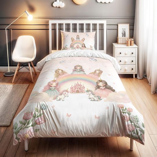 Discover Rainbow Castle Princesses Patterned Bedding Set - Personalized Name, Kids Duvet Cover Set, Children's Room Decor, High-Quality 2 - Piece Set