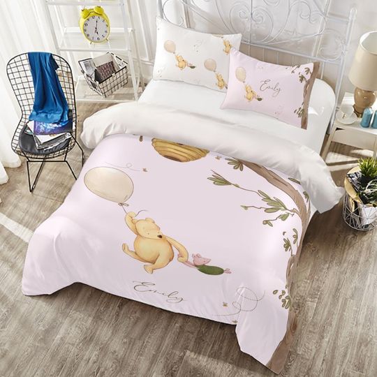 Winnie the Pooh Personalized Bedding Set - Custom Duvet Cover with Piglet & Balloons, Kids Cartoon Bedding, Disney Bedroom Decor