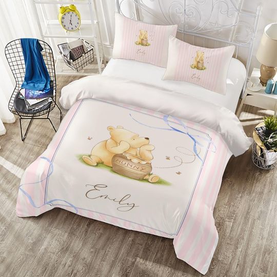 Winnie the Pooh Personalized Bedding Set - Custom Winnie the Pooh Duvet Cover Kids Cartoon Bedding Set Disney Bedroom Decor Cartoon Bedding