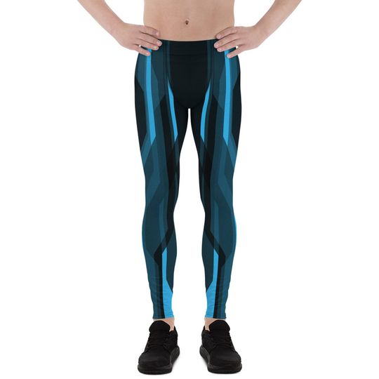 Discover Mens Leggings - Meggings - Blue Tron Inspired Futuristic Pattern Print Great Workout Pants For Men Perfect for BJJ, MMA, Running & Crossfit