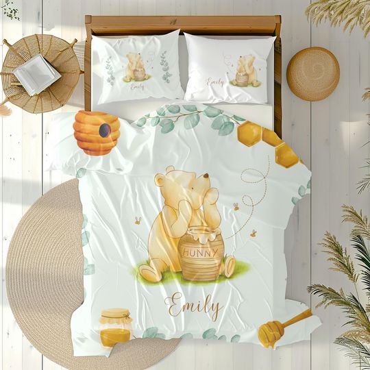 Personalized Winnie the Pooh Bedding Set Pooh Custom Duvet Cover Kids Custom Bedding set Disney Nursery Decor